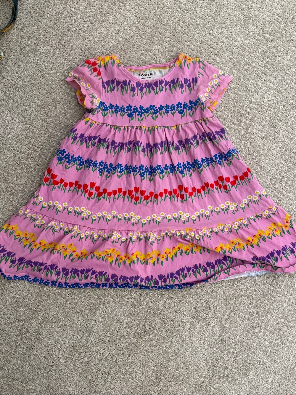 Mini Boden Pink Floral Stripe Dress with Multicolor Flower Rows